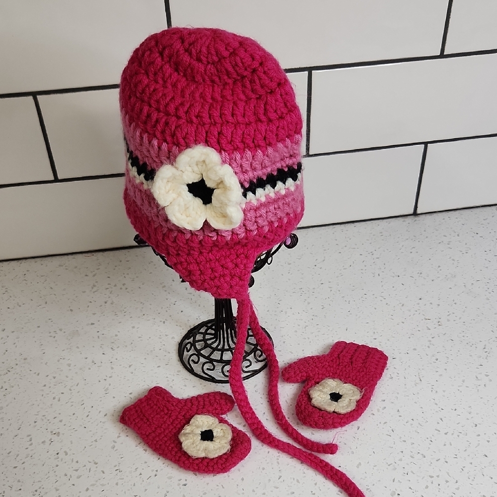 Pink and White Crochet Hat and Mittens Set